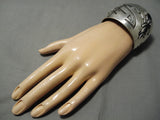 Very Wide!! Vintage Native American Navajo Hand Hammered Sterling Silver Overlay Bracelet-Nativo Arts