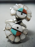 Spectacular Vintage Native American Zuni Inlay Turquoise Coral Mother Of Pearl Sunface Ring-Nativo Arts