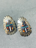Elevated Inlay Vintage Native American Zuni Opal Sterling Silver Earrings-Nativo Arts
