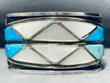 One Of The Best Vintage Native American Navajo Turquoise Pearl Sterling Silver Inlay Bracelet-Nativo Arts