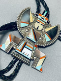 Rare Larger Vintage Native American Zuni Turquoise Sterling Silver Inlay Bolo Tie Old-Nativo Arts