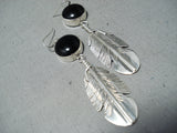 Incredible Native American Navajo Black Onyx Sterling Silver Feather Earrings-Nativo Arts
