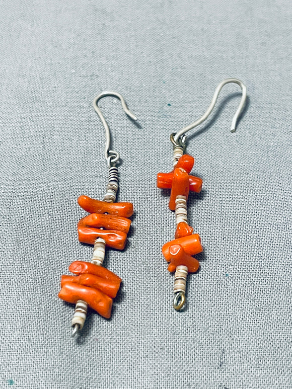 Glorious Vintage Native American Navajo Coral Stacks Sterling Silver Earrings-Nativo Arts