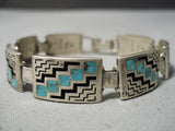 Native American Detailed Vintage Turquoise Geometric Sterling Silver Link Bracelet Old-Nativo Arts