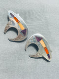Amazing Vintage Native American Navajo Signed Inlay Sugulite Spiny Sterling Silver Bear Earrings-Nativo Arts