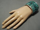 Native American One Of The Best Green Turquoise Inlay Sterling Silver Heavy Cuff Bracelet!-Nativo Arts