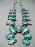 Signed Vintage Native American Navajo Blue Turquoise Sterling Silver Squash Blossom Necklace-Nativo Arts