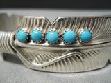 Stunning Detailed Hand Carved Feather Native American Navajo Turquoise Sterling Silver Bracelet-Nativo Arts