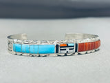 Marvelous Native American Zuni Signed Inlay Sunface Turquoise Coral Jet Sterling Silver Bracelet-Nativo Arts