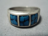Intricate Vintage Native American Navajo Turquoise Inlay Sterling Silver Ring Old-Nativo Arts
