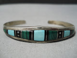 Superior Vintage Native American Navajo Graduating Turquoise Inlay Sterling Silver Bracelet-Nativo Arts