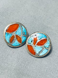 Vibrant Native American Zuni Inlay Blue Gem Turquoise Coral Sterling Silver Earrings-Nativo Arts