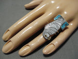 Important Native American Zuni Harlan Coonsis Bird Eagle Turquoise Sterling Silver Ring-Nativo Arts