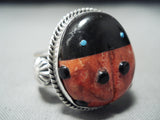Rare Ladybug Native American Navajo Ben Begaye (d.) Turquoise Coral Sterling Silver Ring-Nativo Arts