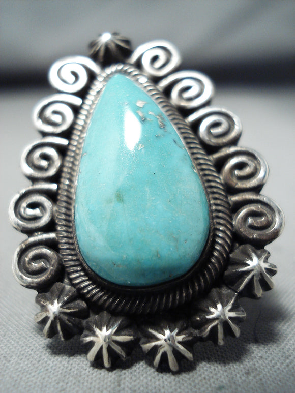 Amazing Hallamrk Vintage Native American Navajo Turquoise Sterling Silver Swirl Ring-Nativo Arts