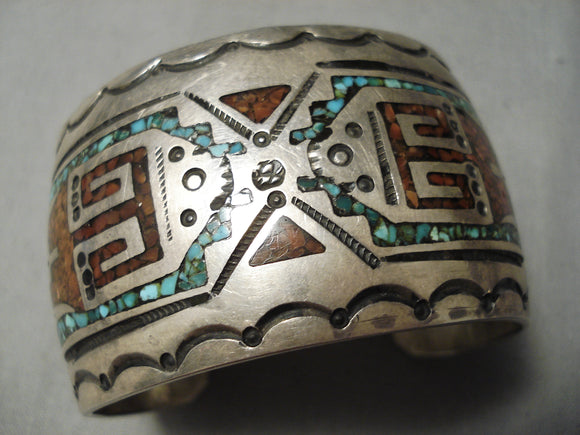 Excellent Vintage Native American Navajo Turquoise Coral Sterling Silver Bracelet Old-Nativo Arts