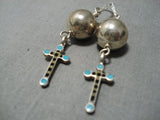 Detailed!! Vintage Native American Navajo Sterling Silver Ball Turquoise Cross Earrings-Nativo Arts