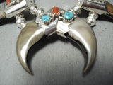 Authentic Native American Navajo Turquoise Coral Sterling Silver Squash Blossom Necklace-Nativo Arts