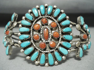 Incredible Vintage Native American Navajo Turquoise Coral Sterling Silver Bracelet-Nativo Arts