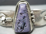 Thick Heavy Vintage Native American Navajo Charoite Sterling Silver Feather Bracelet-Nativo Arts