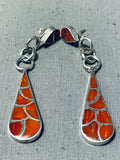 Lyn Johnson Native American Navajo Coral Inlay Sterling Silver Teardrop Earrings-Nativo Arts