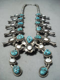 Amazing Vintage Native American Navajo Turquoise Pearl Sterling Silver Squash Blossom Necklace-Nativo Arts