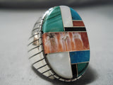 Huge Men's Native American Navajo Turquoise Coral Jet Inlay Sterling Silver Ring-Nativo Arts