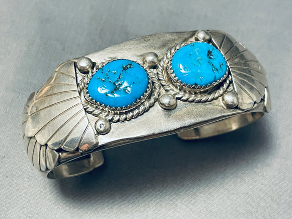 Sturdy Vintage Native American Navajo Two Turquoise Sterling Silver Shield Bracelet-Nativo Arts