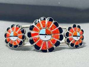 Hypnotic Native American Zuni Inlay Fire Opal Turquoise Triple Sunface Sterling Silver Bracelet-Nativo Arts