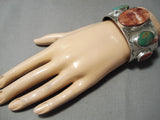 One Of The Biggest Native American Navajo Red Shell Green Turquoise Sterling Silver Bracelet-Nativo Arts