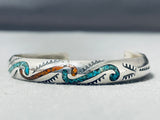 Dazzling Vintage Native American Navajo Turquoise Coral Chip Inlay Sterling Silver Bracelet-Nativo Arts