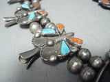 Butterfly Vintage Native American Navajo Turquoise Coral Sterling Silver Squash Blossom Necklace-Nativo Arts
