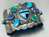 Native American Huge Vintage Navajo Turquoise Heart Sterling Silver Wide Bracelet Old-Nativo Arts