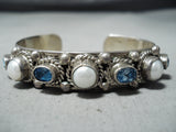 Marvelous Vintage Native American Navajo Blue Topaz, Pearl Sterling Silver Bracelet Old-Nativo Arts