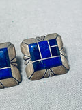 Signed Vintage Native American Navajo Lapis Inlay Sterling Silver Earrings-Nativo Arts