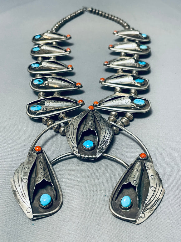 Gasp! Vintage Native American Navajo Turquoise Coral Sterling Silver Squash Blossom Necklace-Nativo Arts