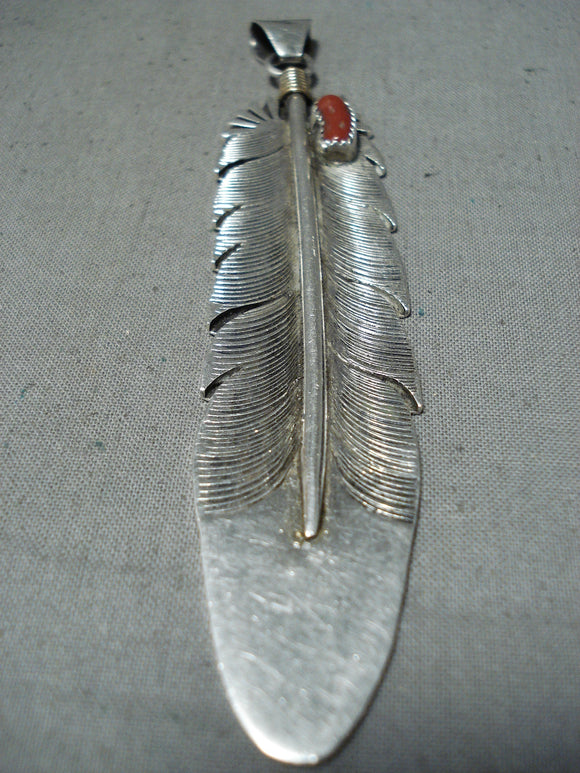 Unique Vintage Native American Navajo Coral Sterling Silver Feather Pendant-Nativo Arts