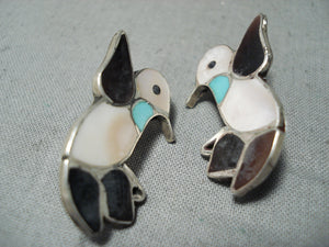 Dancing Birds Vintage Native American Zuni Turquoise Sterling Silver Earrings Old-Nativo Arts