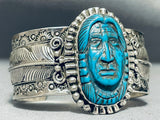 One Of Most Detailed Chief Head Hand Carved Turquoise Sterling Silver Bracelet-Nativo Arts