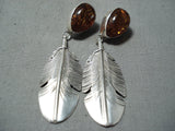 Rare Detailed Intricate Native American Navajo Feather Sterling Silver Amber Earrings-Nativo Arts