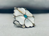 Beautiful Vintage Native American Zuni Mother Of Pearl & Blue Gem Turquoise Sterling Silver Ring-Nativo Arts