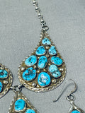 Superb Vintage Native American Navajo Old Kingman Turquoise Sterling Silver Necklace Earring Set-Nativo Arts