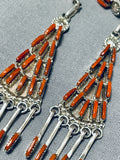 Exquisite Native American Zuni Coral Needlepoint Sterling Silver Earrings-Nativo Arts