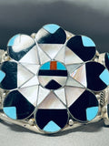 Extraordinary Native American Zuni Blue Gem Turquoise Sterling Silver Sunface Inlay Bracelet-Nativo Arts