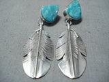 Stunning Native American Navajo Turquoise Sterling Silver Feather Earrings-Nativo Arts