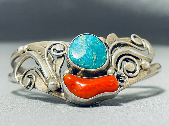 Important Vintage Native American Navajo Turquoise Coral Sterling Silver Bracelet-Nativo Arts