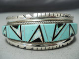 Quality Douglas Heavy Vintage Native American Navajo Turquoise Sterling Silver Inlay Bracelet-Nativo Arts