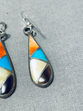 Eye Catching Vintage Native American Navajo Inlay Turquoise Red Abalone Sterling Silver Earrings-Nativo Arts