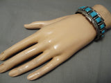 Quality Vintage Native American Navajo Squared Turquoise Sterling Silver Wave Bracelet Old-Nativo Arts