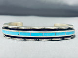 Native American Heavy Unique Inlay Vintage Zuni Turquoise Sterling Silver Bracelet-Nativo Arts